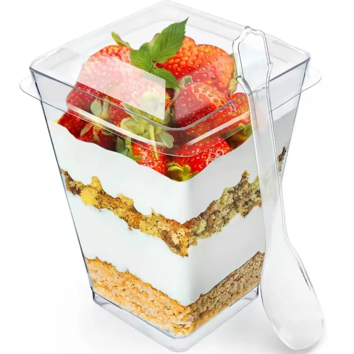 50 Pack 5oz Clear Food Grade Plastic Dessert Cups with Lids and Spoons | Small Square Mini Appetizer Cups, Disposable Parfait Cup - Perfect for Yogurt Parfait, Fruit Party & Individual Mini Dessert Servings