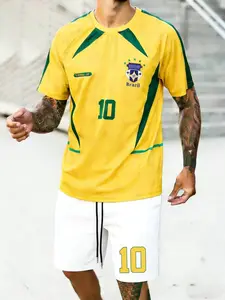 Men's Fashion Sportswear Set, Brazil Jersey Home Away No. 10 Ronaldinho Vintage Football Team Uniform, Graphic Drawstring Shorts
