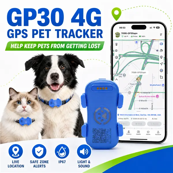 GP30 4G GPS Pet Tracker for Dogs & Cats, Real-Time Location, Safe Zone Alerts, IP67 Waterproof, Sound & Light Search, QR Recovery