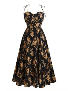 【Plus Size】 Floral Print Shirred Backless Tie Shoulder Cami Dress, Boho Sleeveless Spaghetti Strap A-line Dress for Beach Holiday Vacation, Bohemian Strappy Clothes, Women's Clothes for Summer