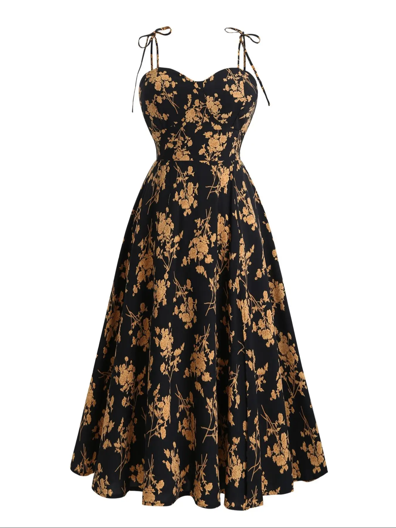 【Plus Size】 Floral Print Shirred Backless Tie Shoulder Cami Dress, Boho Sleeveless Spaghetti Strap A-line Dress for Beach Holiday Vacation, Women's Cl