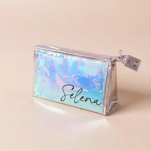 Personalized Holographic Makeup Bag Custom Name Iridescent Cosmetic Pouch Waterproof Travel Toiletry Bag Bridesmaid Gift Beauty Organizer