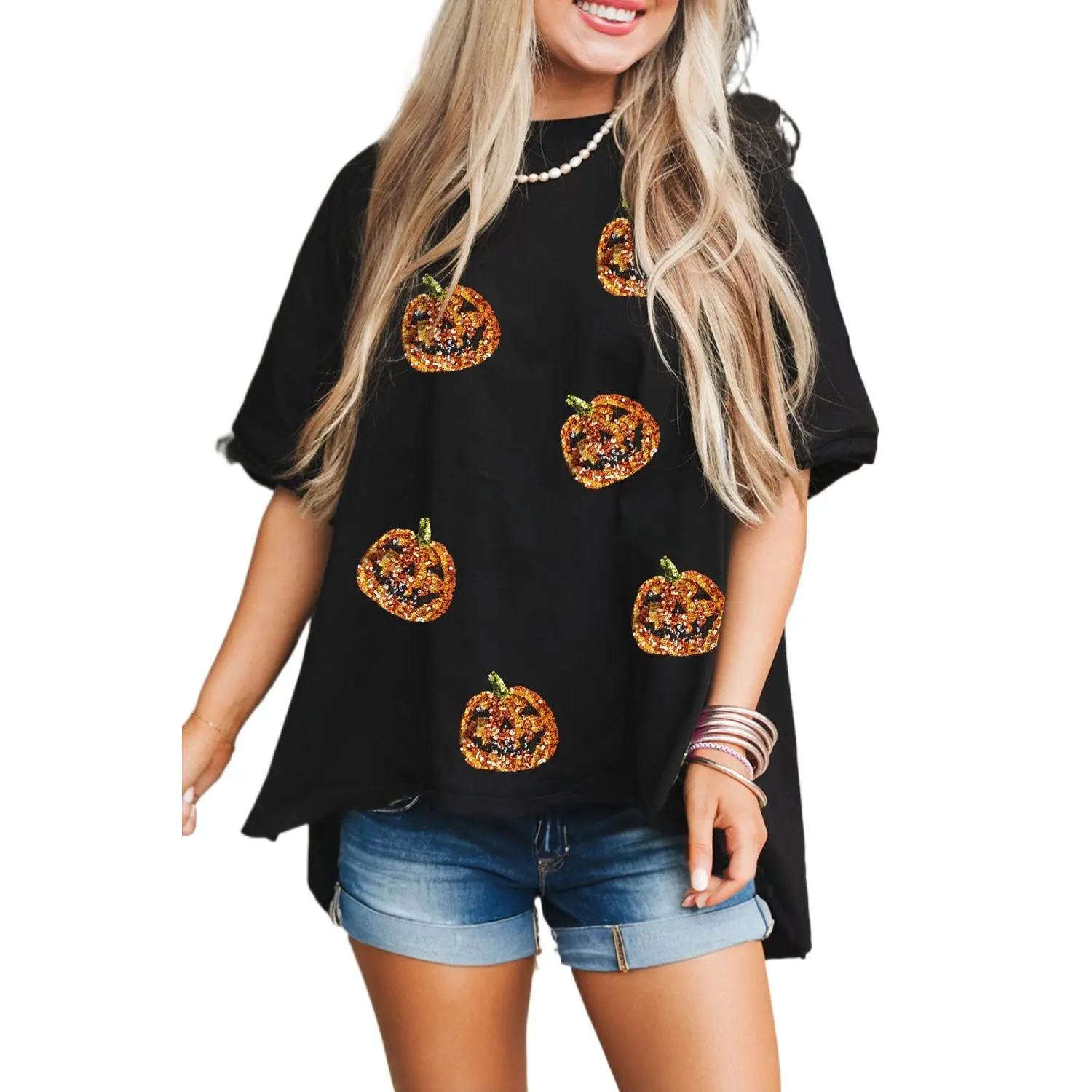 Black Sequin Jack-o-Lantern Pattern Casual Tee for Halloween Celebrations