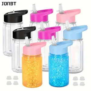 300ml 10oz Acrylic Snow Globe Cup Double Wall Plastic Kids Water Bottle with Colorful Handle Lid & Straw Reusable DIY Snowball Cup