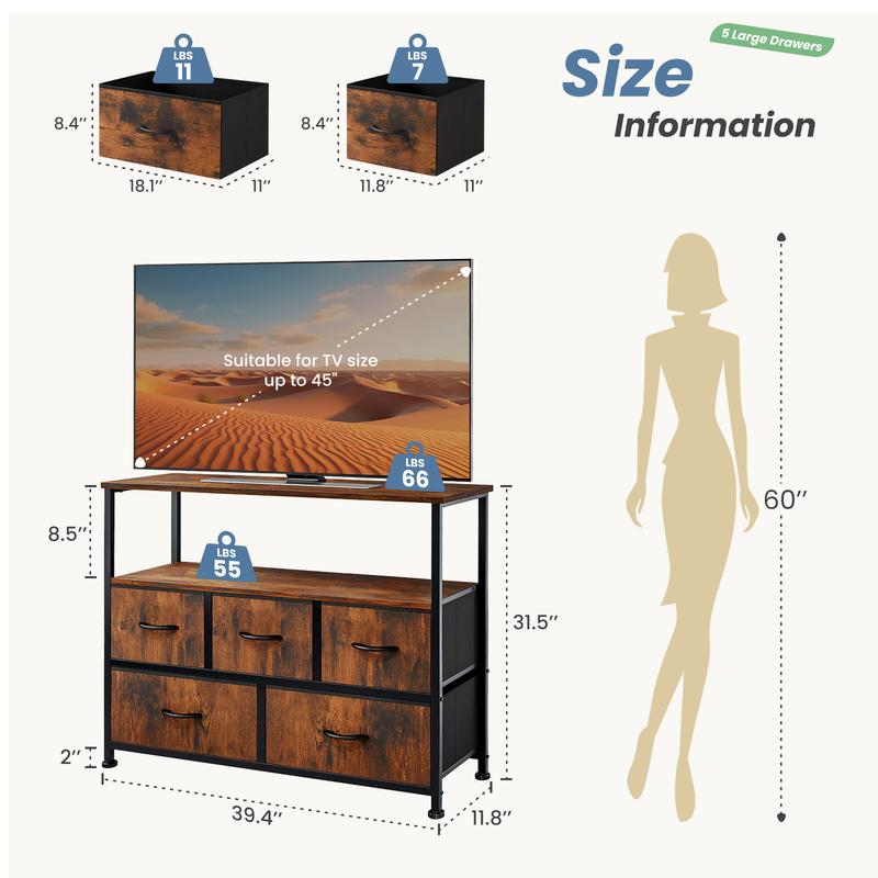 Dresser TV Stand, Entertainment Center with 5 Fabric Drawers, Media Console Table for TV with Open Storage Shelf Dresser