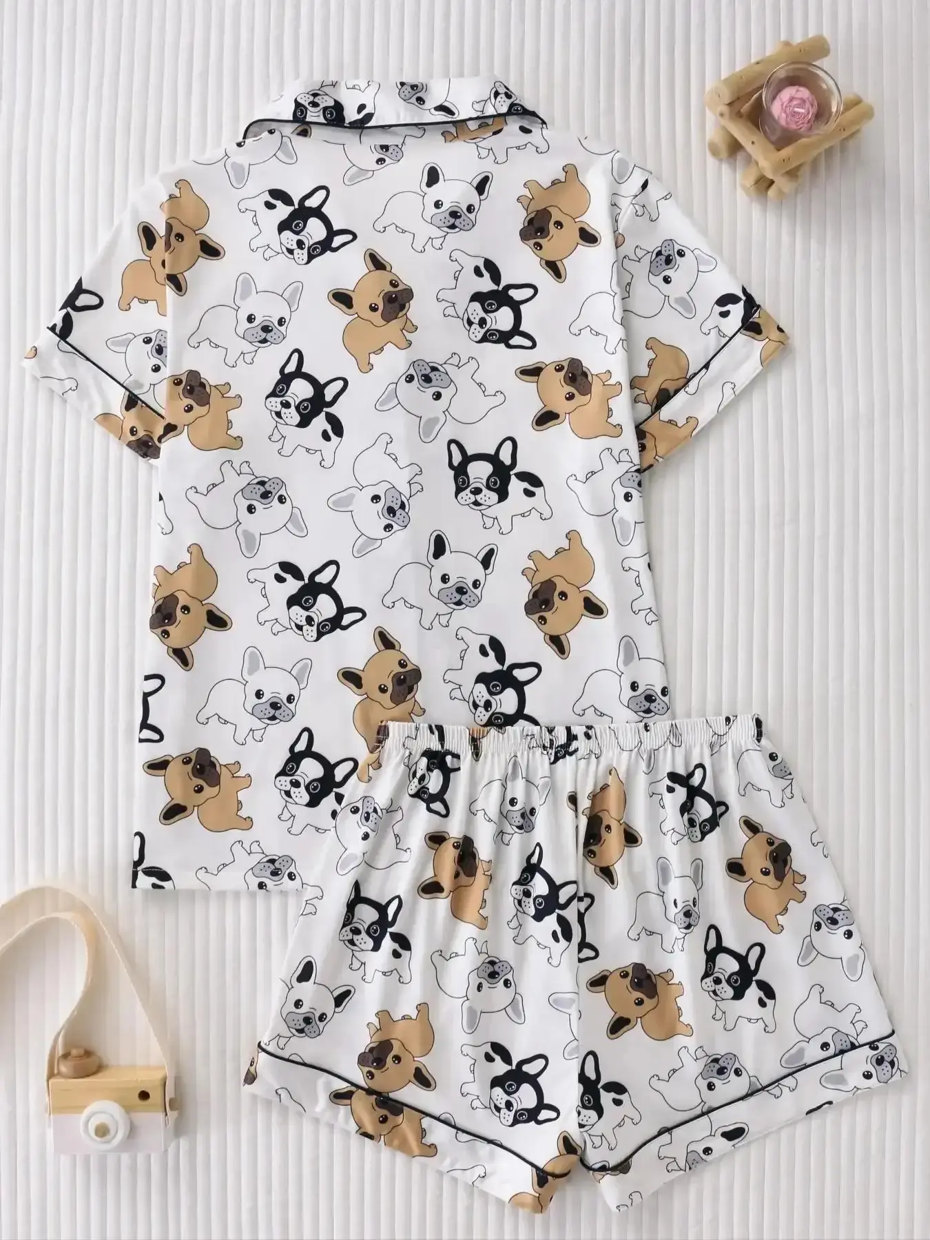 Cartoon French Bulldog Print Two-Piece Women's Sleepwear Set, Pajamas, Button-Up Short Sleeve Top with Relaxed Cozy Shorts for All Seasons vacation style spring summer sophisticated stretch fit