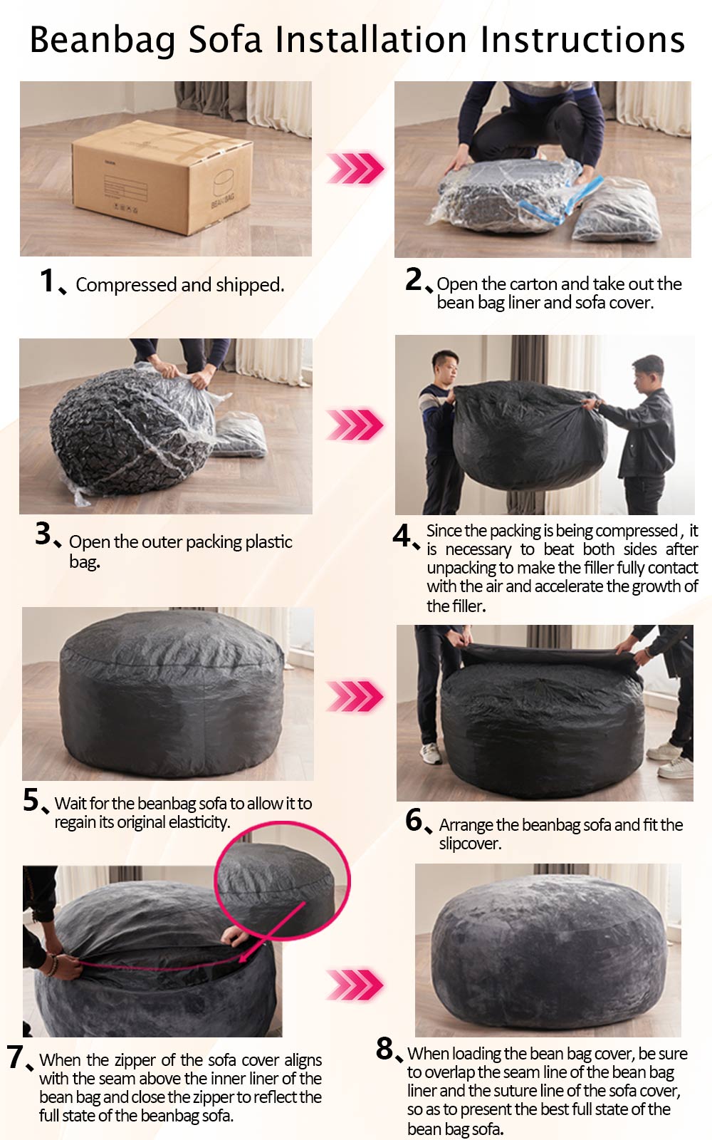Bean Bag Chair for Adults, 6FT Giant Bean Bag with Filler & Machine Washable Cover, Fluffy Bean Bag Chairs Oversized Beanbag Lounge Chair for Living Room, Bedroom Dorm