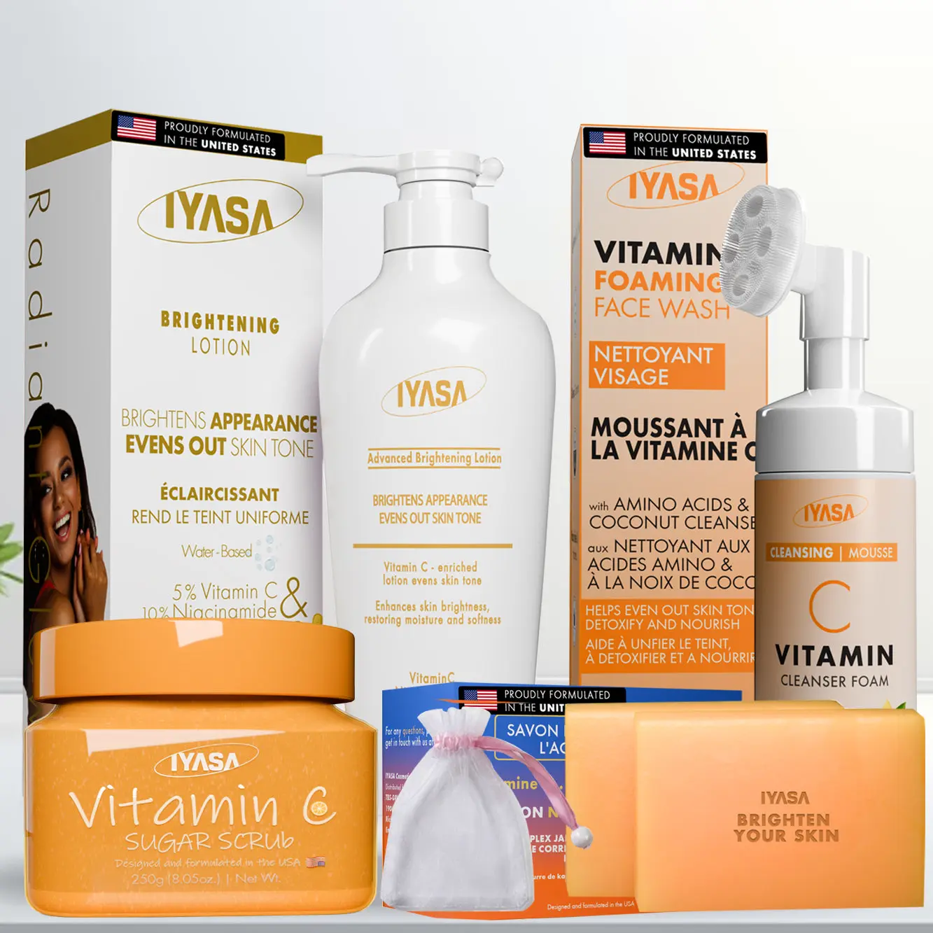 IYASA Ultimate Radiance Collection - Clinically Tested, Safe for Melanin-Rich Skin, Vitamin C & Niacinamide, Water-Based Texture, Advanced Brightening Lotion, Foaming Cleanser, Kojic Brightening Soap, Sugar Scrub