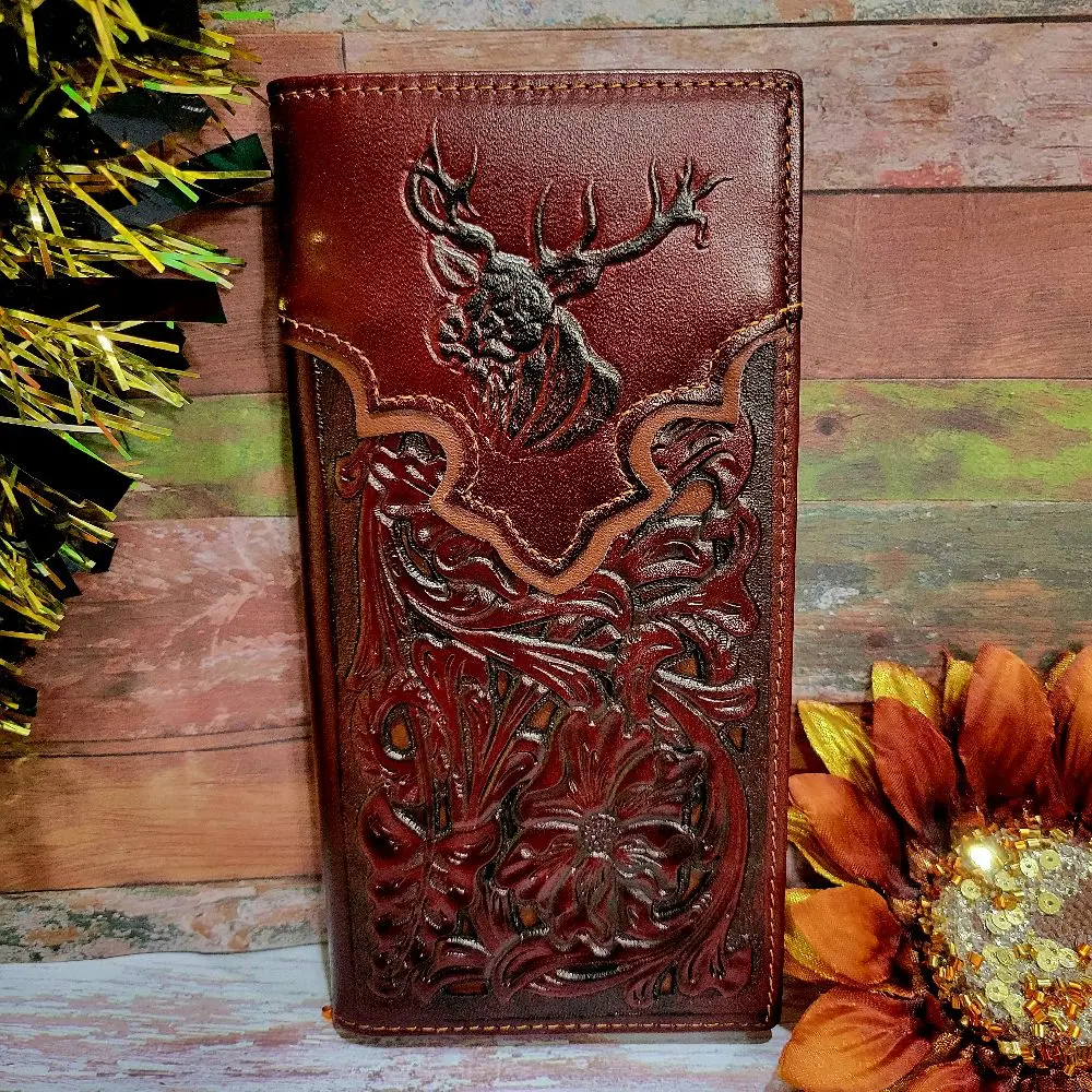 Deer embossed Western wallet Cowboy Bullhead wallet genuine leather lasercut