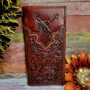 Deer embossed Western wallet Cowboy Bullhead wallet genuine leather lasercut