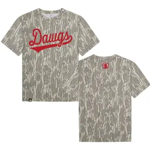 Mossy Oak Bottomland Camouflage Camo Tee with Bold Red DAWGS Script and Relaxed Unisex Fit