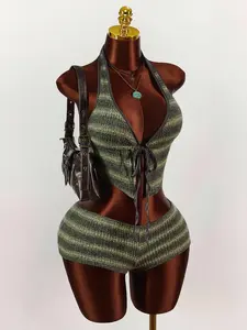Y2K Amplova Vintage Striped Knit 2 Piece Set for Women, Halter Crop Tank Top and Mini Shorts, Casual Fall Outfit