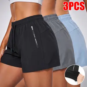 Women's 3 Pack Comfort Fit Athletic Shorts, Quick Dry Elastic Waist Shorts with Zipper Pockets for Gym & Outdoor Activities