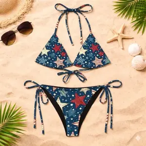 Patriotic Stars Bikini Set Women 4th of July Red White Blue Swimsuit USA Flag Beach Festival Two Piece Tie Side Triangle Top Bathing Suit Summer Vacation Swimwear