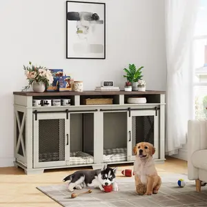 GARVEE Stylish GARVEE Dog Crate Furniture: 71" Heavy Duty Double Dog Kennel with 3 Storage Compartments and Removable Divider, Perfect for Large and Medium Dogs, Elegant White/Dark Walnut Design for Indoor Use.