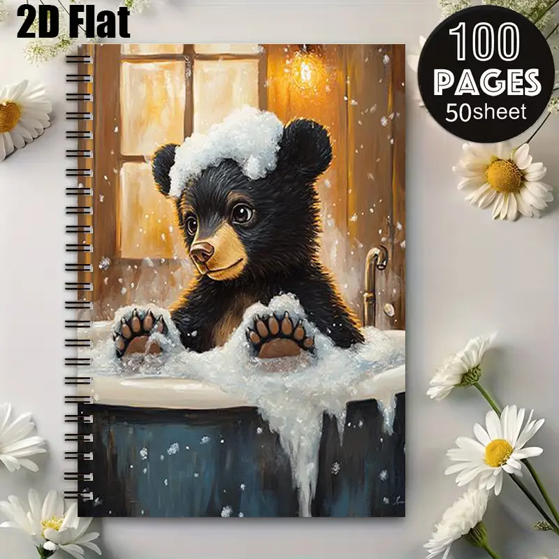 1pc Adorable Bear Bath Themed Spiral Notebook, 5.7x8.26 inch, Durable Coil Binding, Perfect for Daily Journaling, Christmas Gift, Kids School Supplies, Home & Office Note Taking, Birthday Present for Bear Lovers [2D] Flat