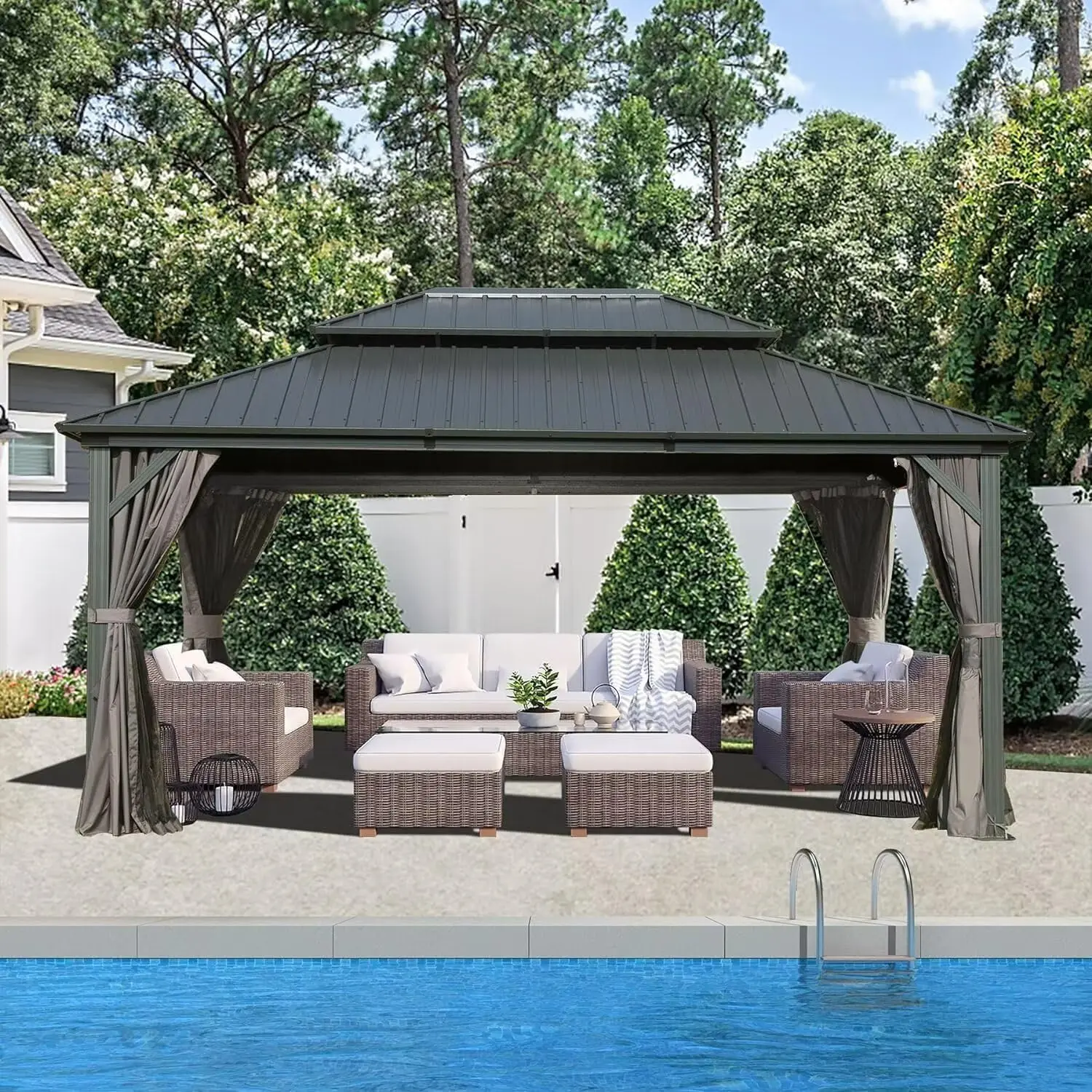 Domi 10'x14' Hardtop Gazebo Canopy Metal,Outdoor Aluminum Gazebo with Galvanized Steel Double Roof,Curtain and Netting,Permanent Gazebo Pavilion for Patio Deck,Backyard
