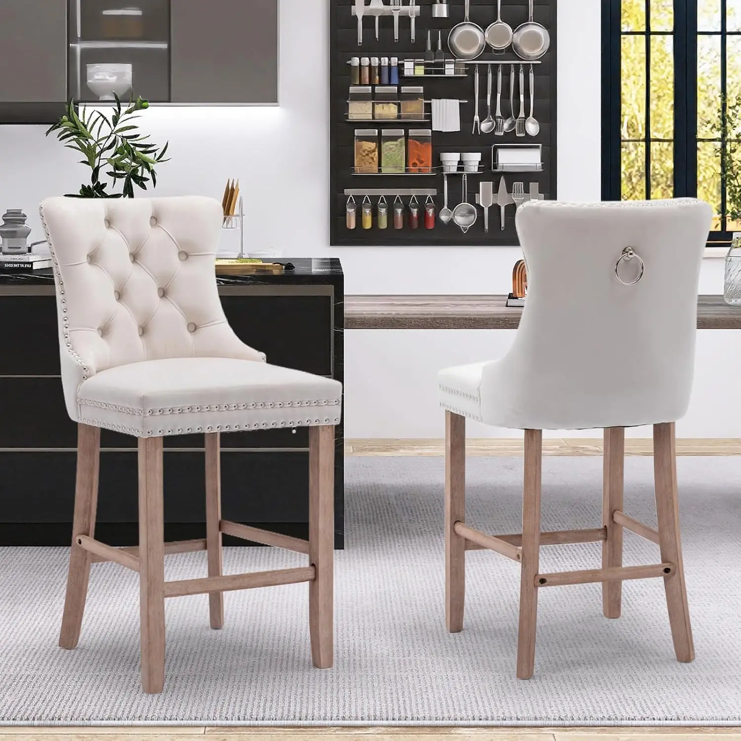 Bar Stools Set of 2, Velvet Upholstered Bar Stool for Kitchen Island, Counter Stools with Nailhead Trim Velvet Tufted swivel bar