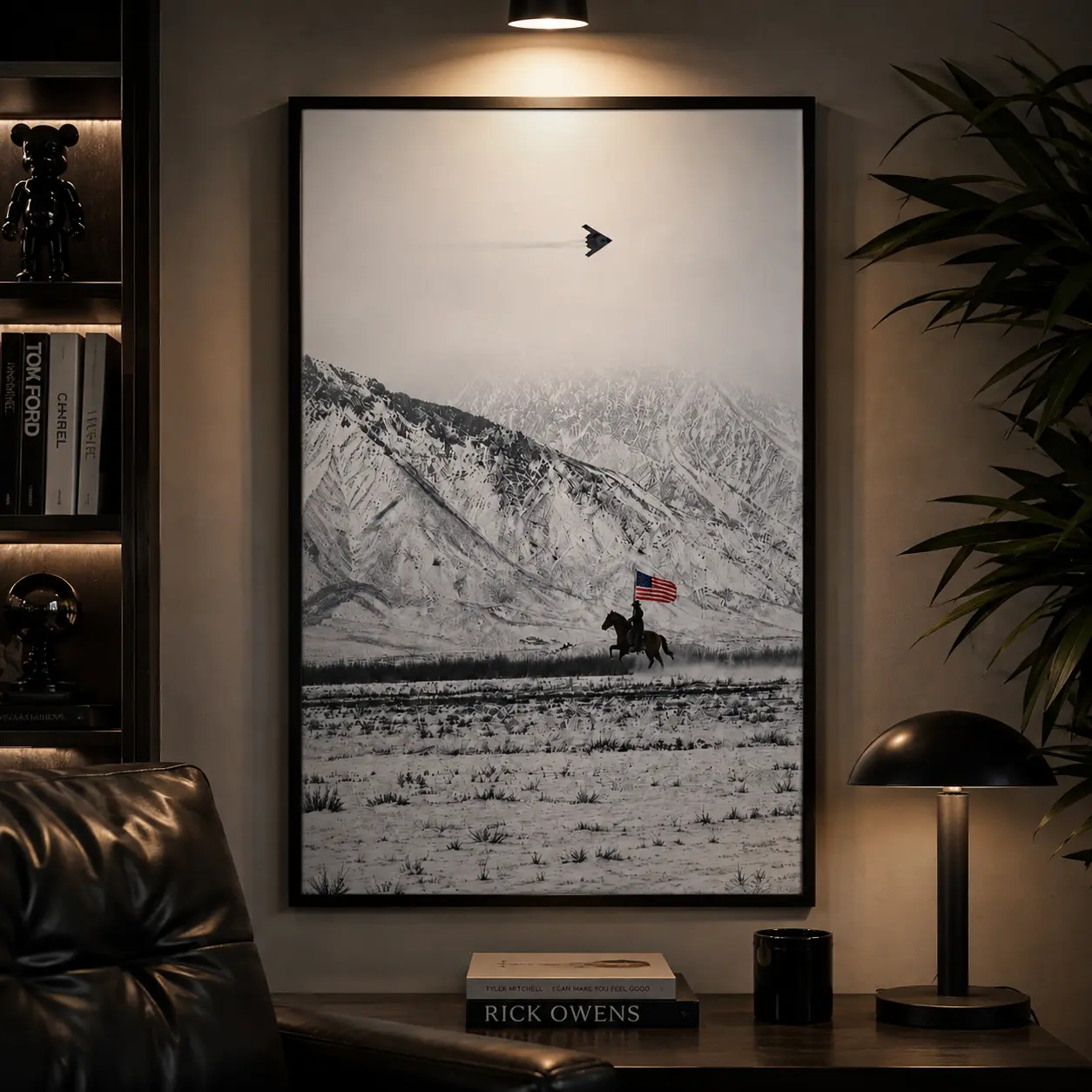 Cowboy on Horse and B2 Spirit Flying Satin Poster- America Western Mountain Unframed Wall art