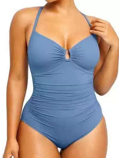 New Keyhole Halter One Piece Swimsuit, Slimming Ruched Bathing Suit, Flattering Swimwear for Vacation