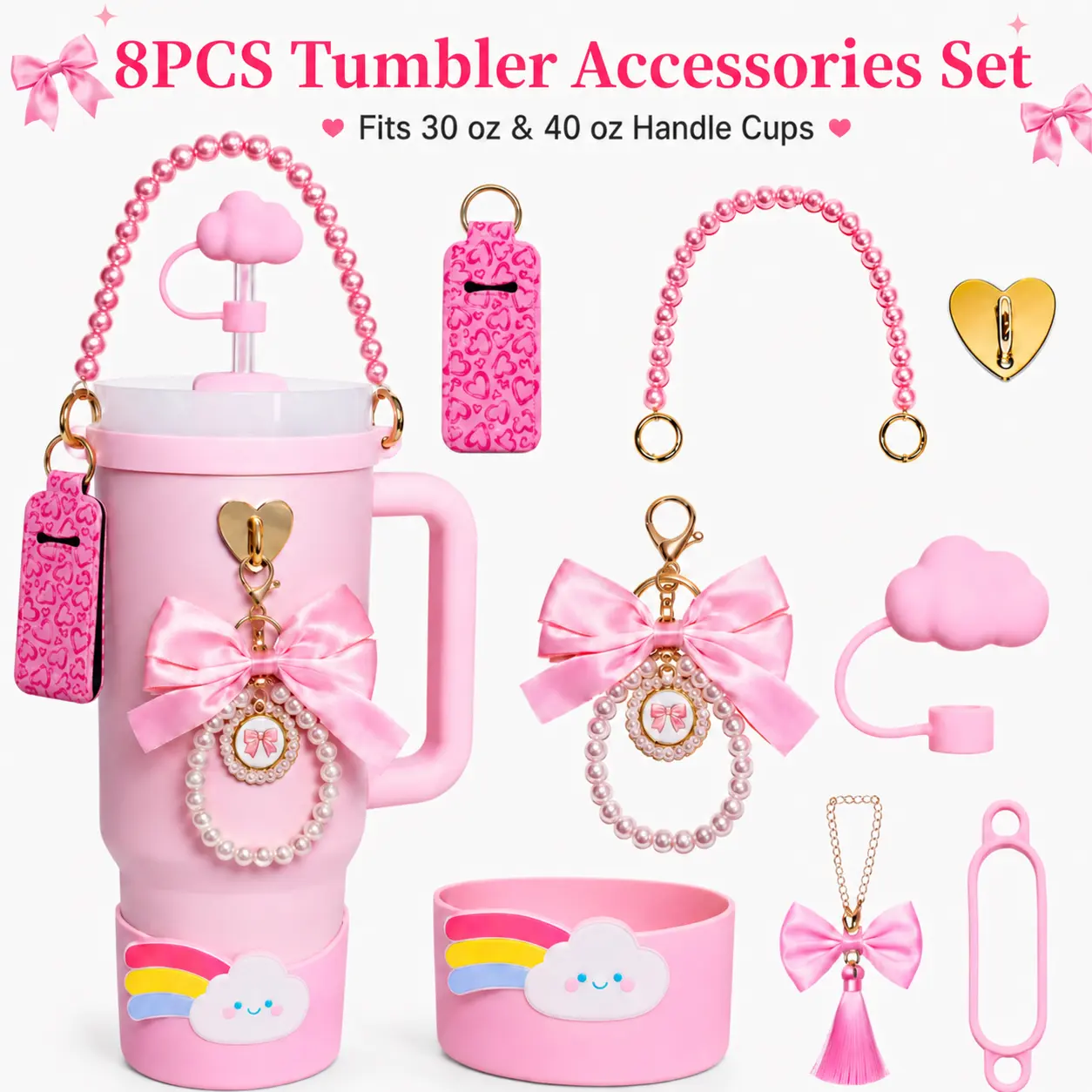 MIUVA Tumbler Cup Accessories  8 Piece Pink Cloud Cup Accessory Set for 30 oz and 40 oz Tumblers with Straw Cover Silicone Boot Pearl Chain Handle Strap Bow Charms Cup Not Included
