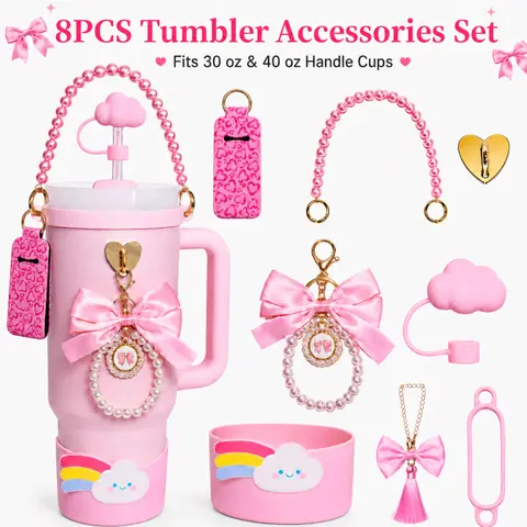 MIUVA 8pc Mix & Match Cute Pink Cloud Drinkware Accessory Set for 30 oz & 40 oz Tumblers - Includes Straw Cover, Silicone Boot, Pearl Chain, Handle Strap, Bow Charms, Cup Holder - Sturdy for School, Gift Giving (Tumbler Not Included)