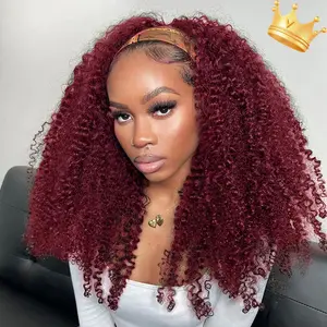 OQHAIR #99J Color Kinky Curly Headband Wig Human Hair Full 250% Density Scarf Wig No Gel No Glue Full Machine Made Wear And Go Wig Luxury Queen Series