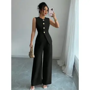 Women’s summer plain woven short-sleeve fitted vest top and pants set, elegant minimalist two-piece outfit, casual fashion clothing for ladies