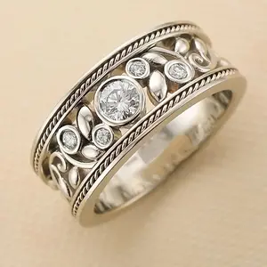 Vintage Stylish Wide Band Ring, Heavy Craft Hollow Floral Ring, Unique Baroque Style Hand Jewelry