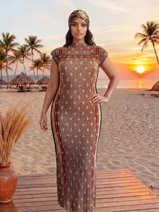 Bee Print Long Maxi Dress and Shawl Set for Women, Elegant Slim-Fitting Beach Cover-Up with Long Scarf for All Seasons Beach Cover Ups
