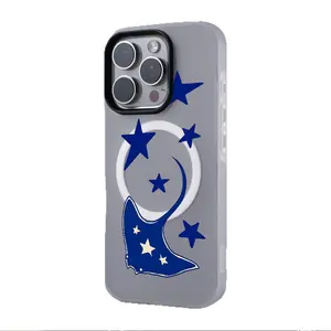 Blue Manta Ray and Stars Phone Case， Dreamy Ocean Style， Phone Case for iPhone 17 Pro Max 17 Air 17Pro 16 15 14 13 12 11 Pro Max， Sea Creature Gift， Deep Blue Star Design， Celestial Marine Theme， Elegant Ocean Night Pattern， Artistic Stingray Gift Idea