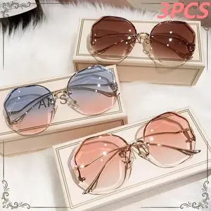 Rimless Gradient Sunglasses, Oversized Irregular Cut Sunglasses for Women UV400 Luxury Rimless Wrap Sunglasses, Gradient Lens Fashion Shades for Summer Beach