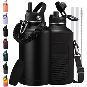 1/2 Gallon Water Bottle Insulated - Keep Cold 48H, with Carrier Pouch, Straw & Auto Spout Lid, Paracord Handle & Protective Boot, 64oz Water Jug Half Gallon Stainless Steel Set