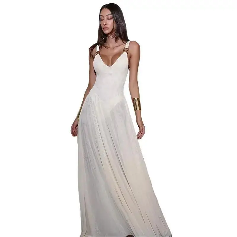 Elegant Fashion V-Neck Embellished Sleeves Mesh Flare Dress Casual Women's  Wear Pleated Summer Spring Machine Washable - TikTok Shop