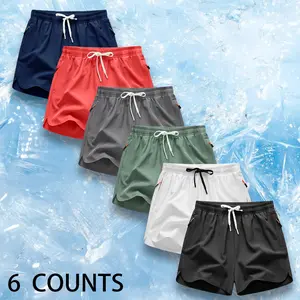 6-pack men's drawstring zipper pocket shorts, men's clothing, summer elastic waistband beach shorts,Menswear,  Beige, Plain,  daily breathable men's lower body shorts suitable for running and fitness, sports and leisure pants, 95% polyester 5% spandex.