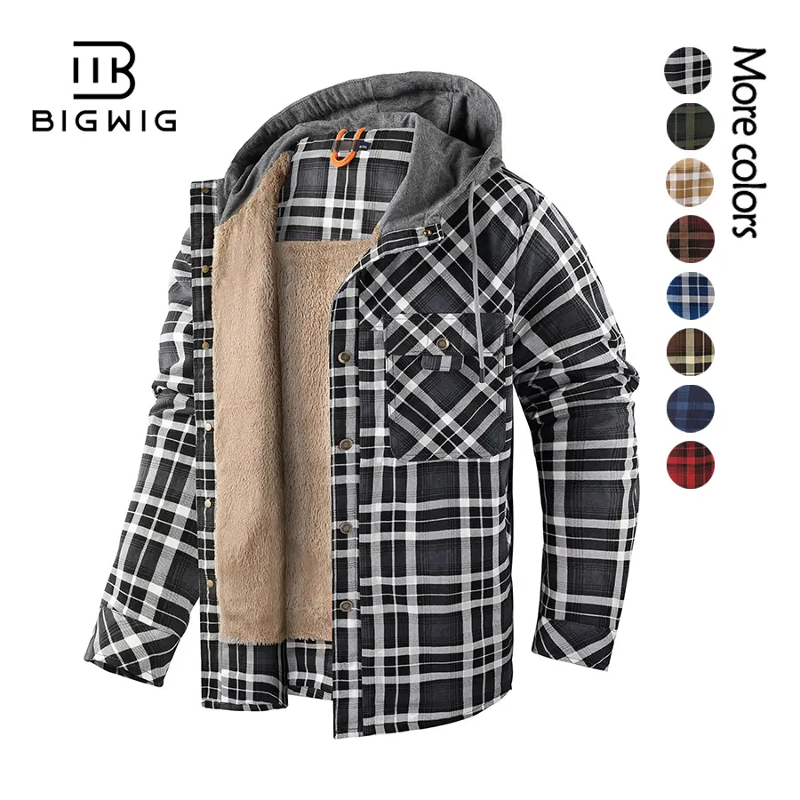 BIGWIG Men's Loose-fitting Lightweight Cotton Sports Jacket, Button-down Closure, Fleece Plaid Long-Sleeved Hooded Jacket, Casual Retro Plaid Button-down Shirt, Flannel Shirt Jacket, Long-Sleeved Lambswool Lined Jacket
