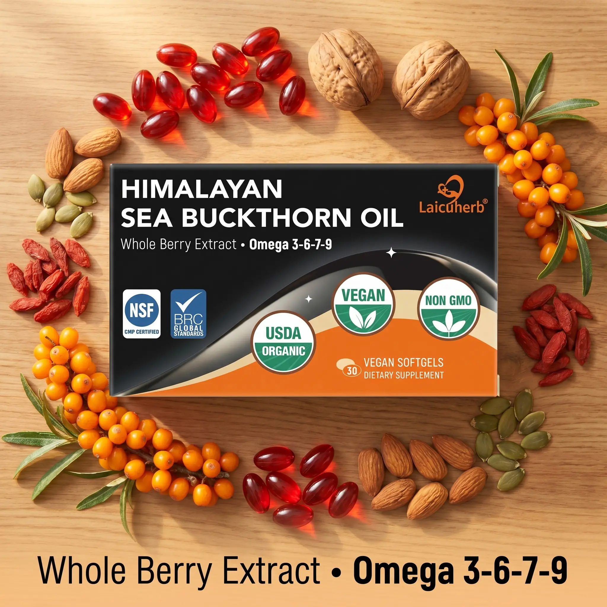 Natural Sea Buckthorn Oil Capsules, Whole Berry Organic Botanical Supplement with Omega 7 3 6 9, Vegan Plant Based Softgels for Daily Nutrition, Clean Ingredient Formula for Wellness Lifestyle