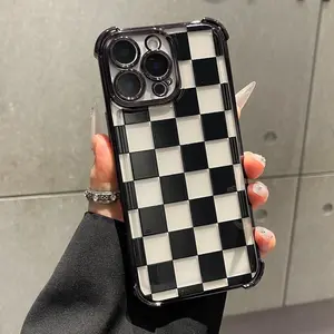 Black checkered four-corner drop-proof TPU phone case for iPhone 17 Air 16Pro Max 15 14Plus 13 12 11 XR XS Simple and stylish camera protection Shockproof Anti-Drop Shockproof Drop Protection Durable Phone Case.QXA015M73512 Protective Smartphone Cellphone