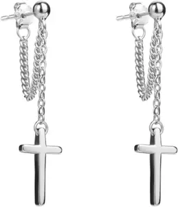 Minimalist Silver Cross Drop Earrings with Chain,Pair Circle Screw Stud Earrings with Dangle Cross,Uniquely Shaped Stud Earrings for Women Men