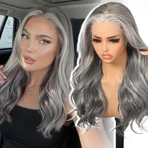 KOME Grey Synthetic Lace Front Wig,13×6 Curly Glueless Wigs for Women Daily Use 22IN