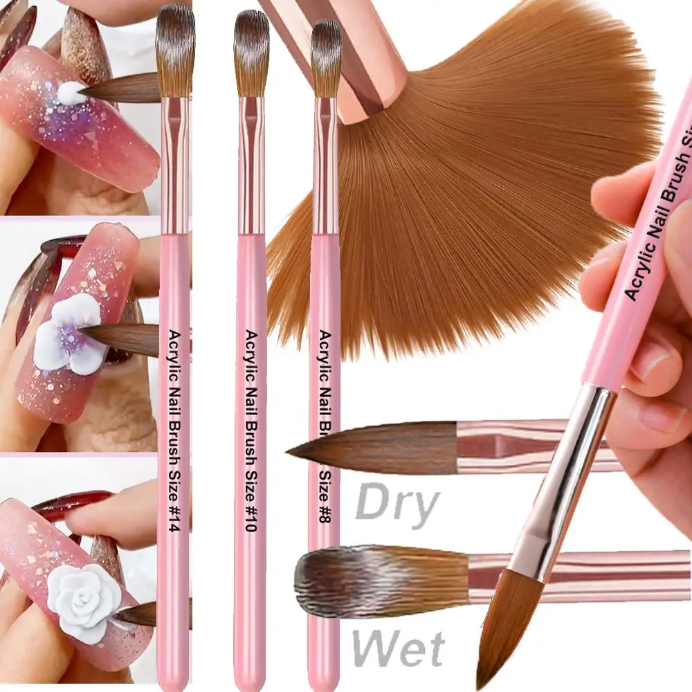 3Pcs/kit Professional Acrylic Nail Brush Set #8/#10/#14Acrylic Nail Art Brushes 1*Set Pink Handle Fast-Dry Acrylic Powder Brush