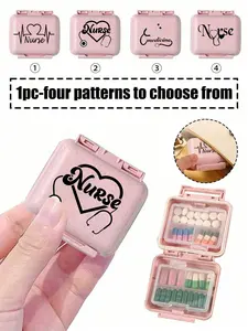 1pc Mini 6-Grid Medicine Box Portable， Six-Grid Small Medicine Box，Pink Small Medicine Box Featuring The Letter 'nurse' And Stethoscope, Electrocardiogram Elements,Storage Box For 6 Days A Week，Initial Travel Pill Organizer