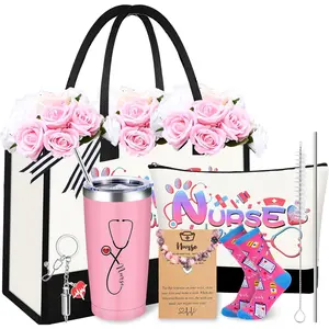 Nurse Gifts for Women Nurses Graduation Week 2026 Gift Set Nurse Funny Practitioner Appreciation Gifts for Women Gift Box for Nurses Canvas Tote Bag Cosmetic Bag Socks Wine Cup Keychain Bracelets