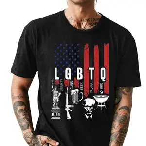 LGBTQ Liberty Gun Bible Trump BBQ USA Flag Vintage Unisex T-Shirt, Patriotic Graphic Tee, Casual Cotton Shirt for Men & Women Menswear Top