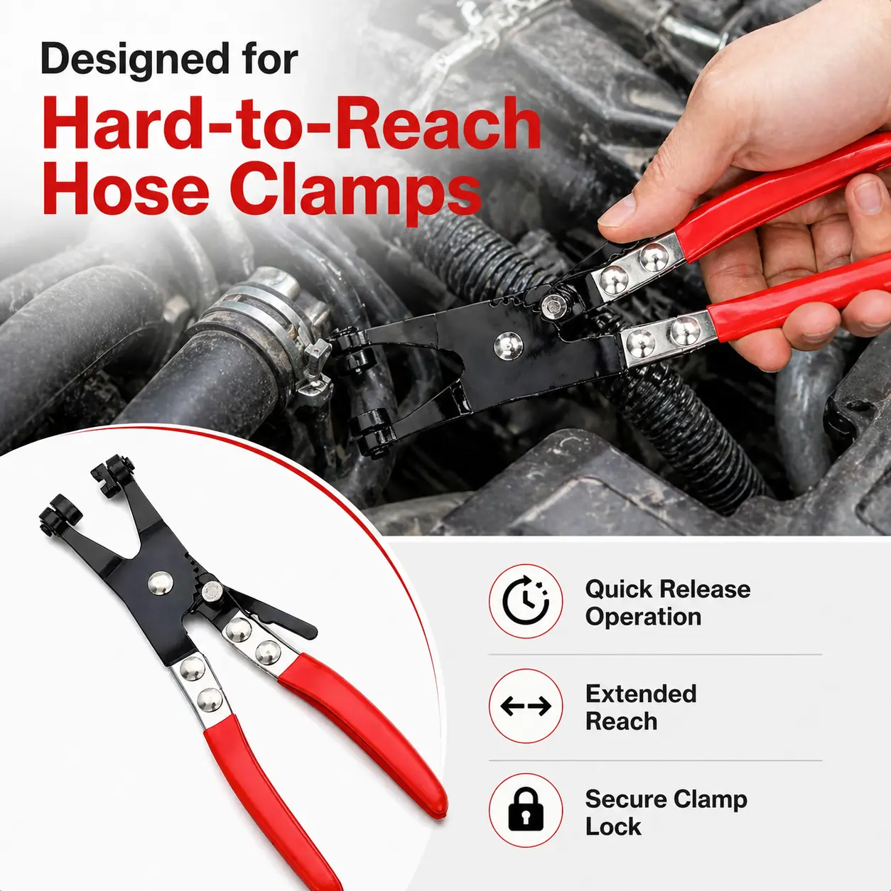 Automotive Hose Clamp Pliers, Adjustable Radiator Fuel Line Clamp Removal Tool with Locking Ratchet & Red Grip Handle for Car Repair