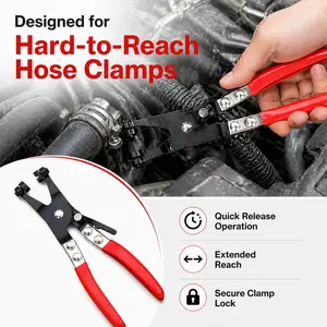 Automotive Hose Clamp Pliers, Adjustable Radiator Fuel Line Clamp Removal Tool with Locking Ratchet & Red Grip Handle for Car Repair