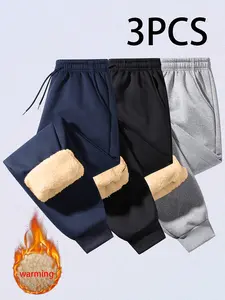 Men's Fleece-Lined Stretch Waist Jogger Pants 3-Pack - Thick Winter Sweatpants with Side Pockets, Warm Lined Outdoor Activity Athletic Pants, Solid Color Fleece Lining, Machine Washable, Perfect for Hiking & Workouts Gift