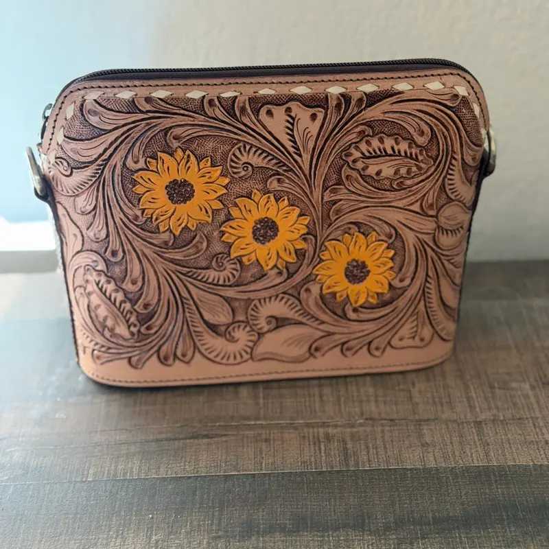 Small Sunflower Crossbody Purse with Floral Design, Brown Color, Compact Size for Everyday Use