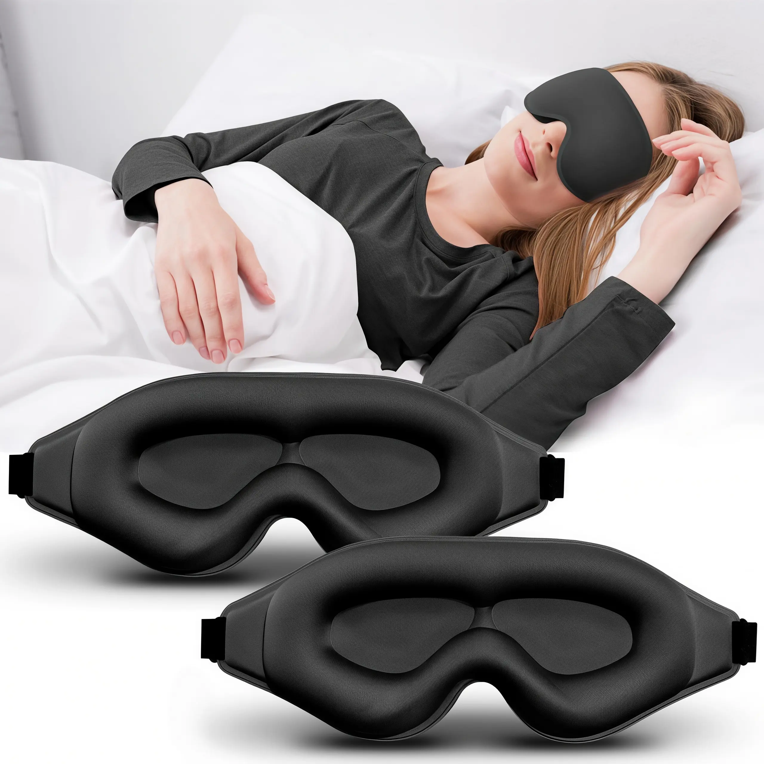 LMMAKE 2PCS Professional Contour Shape Sleep Eye Mask - 3D Deep Contoured, Full Light Blocking, Soft Fabric, Eye Pressure Relief for Side Sleeping, Ideal for Travel Use
