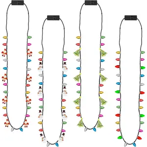 Christmas Necklace, 4Pcs Light up Christmas Necklace, Glowing Bulb Christmas Tree Santa Candy Cane Necklaces, 3 Modes Colorful Christmas Party Favors, Ugly Xmas New Year Eve Party Supplies Accessories EOBOH